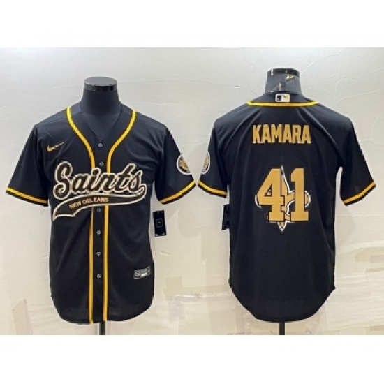 Men's New Orleans Saints 41 Alvin Kamara Black Team Big Logo With Patch Cool Base Stitched Baseball Jersey