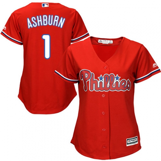 Women's Majestic Philadelphia Phillies 1 Richie Ashburn Authentic Red Alternate Cool Base MLB Jersey