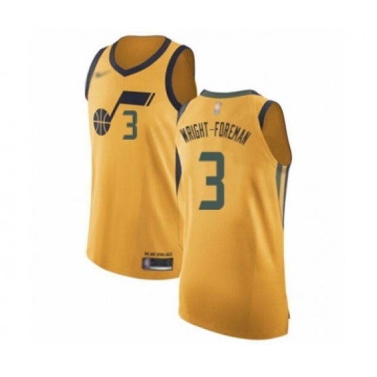 Men's Utah Jazz 3 Justin Wright-Foreman Authentic Gold Basketball Jersey Statement Edition