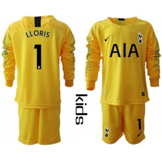Tottenham Hotspur 1 Lloris Yellow Goalkeeper Long Sleeves Kid Soccer Club Jersey