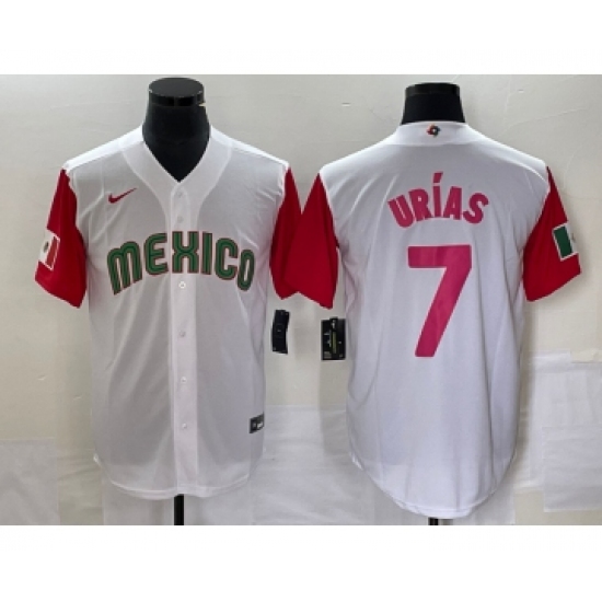Men's Mexico Baseball 7 Julio Urias Number 2023 White Red World Classic Stitched Jersey 30