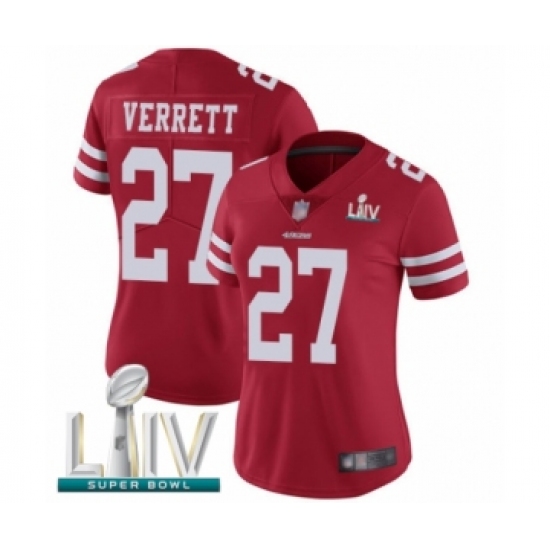 Women's San Francisco 49ers 27 Jason Verrett Red Team Color Vapor Untouchable Limited Player Super Bowl LIV Bound Football Jersey