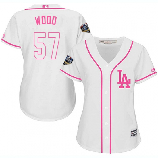 Women's Majestic Los Angeles Dodgers 57 Alex Wood Authentic White Fashion Cool Base 2018 World Series MLB Jersey