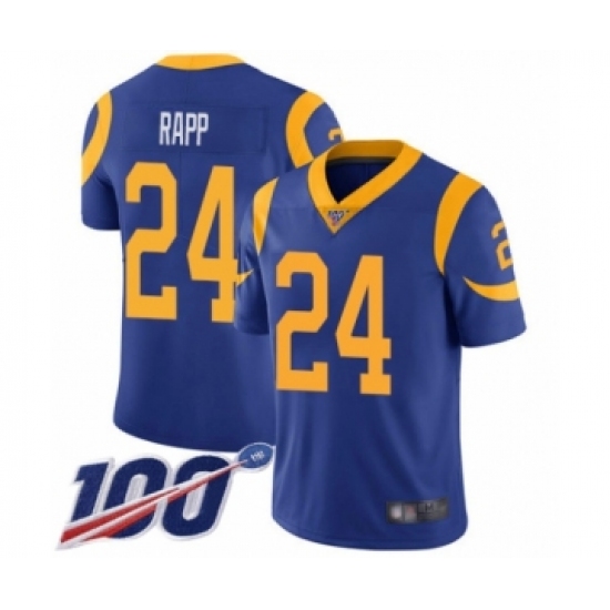 Men's Los Angeles Rams 24 Taylor Rapp Royal Blue Alternate Vapor Untouchable Limited Player 100th Season Football Jersey