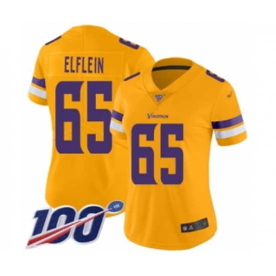 Women's Minnesota Vikings 65 Pat Elflein Limited Gold Inverted Legend 100th Season Football Jersey