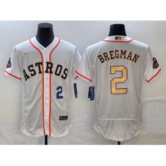 Men's Houston Astros 2 Alex Bregman Number 2023 White Gold World Serise Champions Flex Base Stitched Jersey