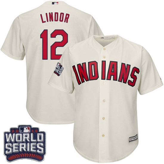Youth Majestic Cleveland Indians 12 Francisco Lindor Authentic Cream Alternate 2 2016 World Series Bound Cool Base MLB Jersey
