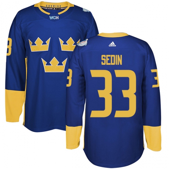 Men's Adidas Team Sweden 33 Henrik Sedin Authentic Royal Blue Away 2016 World Cup of Hockey Jersey