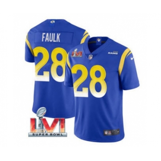 Men's Los Angeles Rams 28 Marshall Faulk Royal 2022 Super Bowl LVI Vapor Limited Stitched Jersey