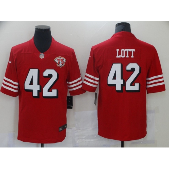Men's San Francisco 49ers 42 Ronnie Lott Red 2021 75th Anniversary Vapor Untouchable Stitched Limited Jersey