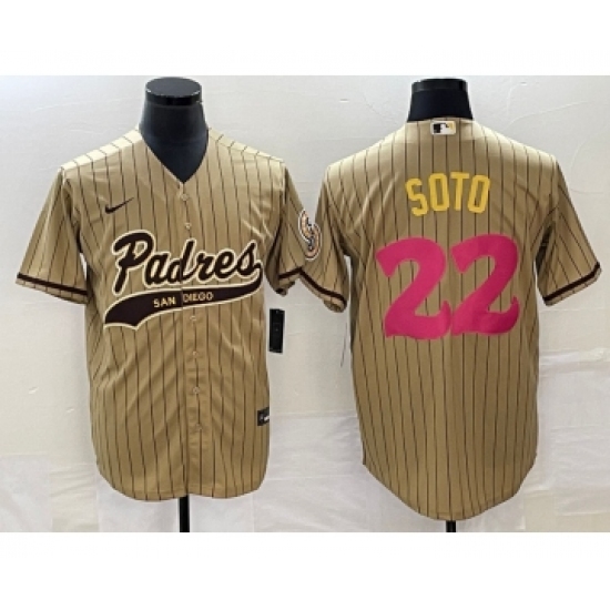 Men's San Diego Padres 22 Juan Soto Tan Pinstripe 2023 City Connect Cool Base Stitched Jersey 1