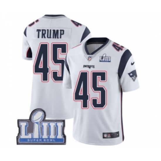 Men's Nike New England Patriots 45 Donald Trump White Vapor Untouchable Limited Player Super Bowl LIII Bound NFL Jersey