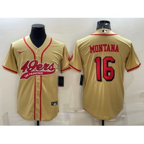 Men's San Francisco 49ers 16 Joe Montana Gold Color Rush With Patch Cool Base Stitched Baseball Jersey