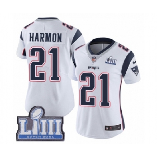 Women's Nike New England Patriots 21 Duron Harmon White Vapor Untouchable Limited Player Super Bowl LIII Bound NFL Jersey
