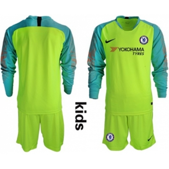 Chelsea Blank Shiny Green Goalkeeper Long Sleeves Kid Soccer Club Jersey