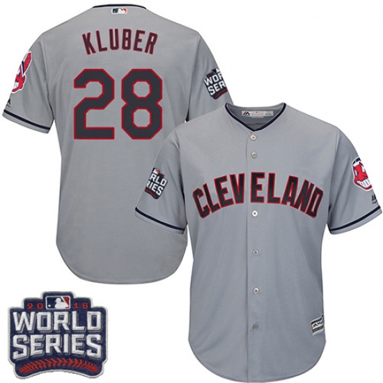 Youth Majestic Cleveland Indians 28 Corey Kluber Authentic Grey Road 2016 World Series Bound Cool Base MLB Jersey
