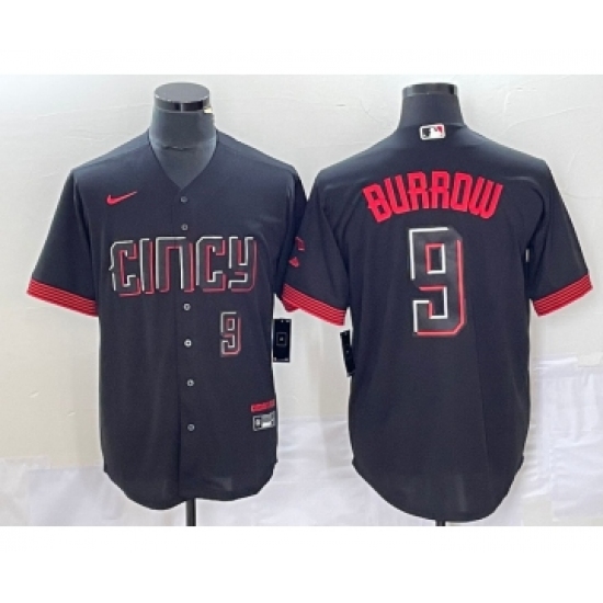 Men's Nike Cincinnati Reds 9 Joe Burrow Number Black 2023 City Connect Cool Base Stitched Baseball Jersey2