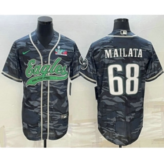 Men's Philadelphia Eagles 68 Jordan Mailata Grey Camo With Super Bowl LVII Patch Cool Base Stitched Baseball Jersey