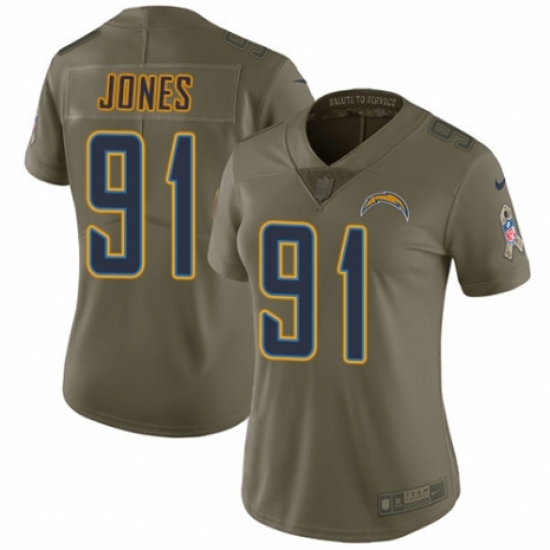 Women's Nike Los Angeles Chargers 91 Justin Jones Limited Olive 2017 Salute to Service NFL Jersey