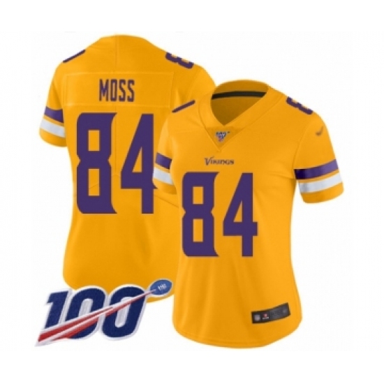 Women's Minnesota Vikings 84 Randy Moss Limited Gold Inverted Legend 100th Season Football Jersey