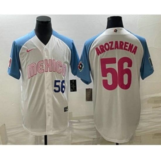 Men's Mexico Baseball 56 Randy Arozarena Number 2023 White Blue World Classic Stitched Jersey9