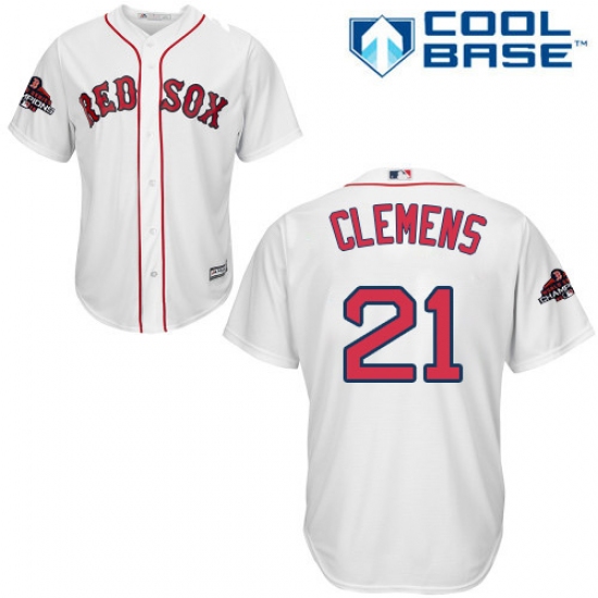Youth Majestic Boston Red Sox 21 Roger Clemens Authentic White Home Cool Base 2018 World Series Champions MLB Jersey