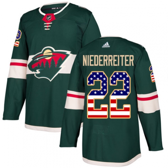 Men's Adidas Minnesota Wild 22 Nino Niederreiter Authentic Green USA Flag Fashion NHL Jersey
