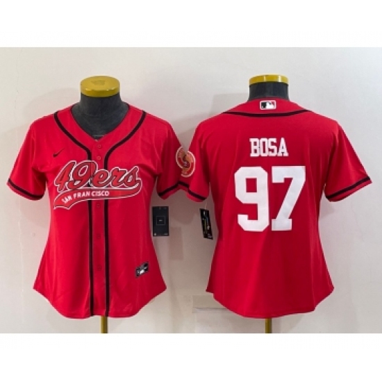 Women's San Francisco 49ers 97 Nick Bosa Red With Patch Cool Base Stitched Baseball Jersey