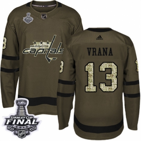 Men's Adidas Washington Capitals 13 Jakub Vrana Authentic Green Salute to Service 2018 Stanley Cup Final NHL Jersey