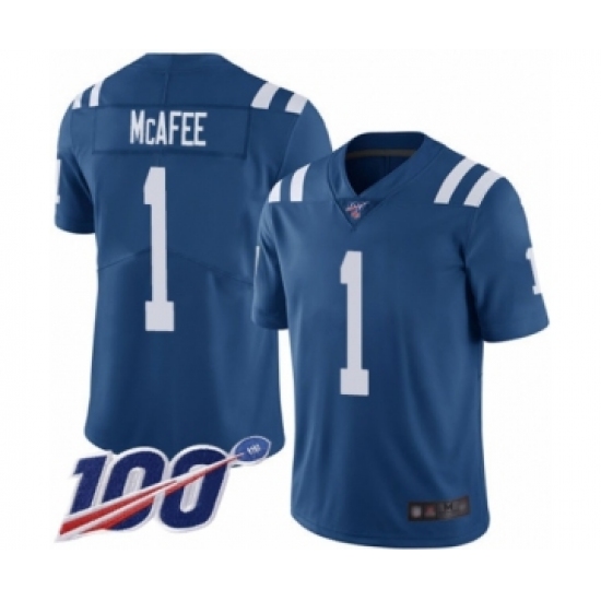 Men's Indianapolis Colts 1 Pat McAfee Royal Blue Team Color Vapor Untouchable Limited Player 100th Season Football Jersey