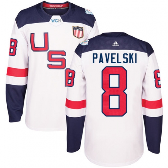 Men's Adidas Team USA 8 Joe Pavelski Premier White Home 2016 World Cup Ice Hockey Jersey