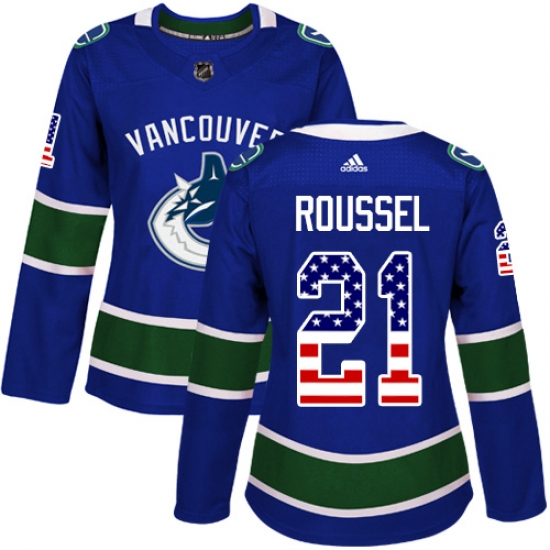 Women's Adidas Vancouver Canucks 21 Antoine Roussel Authentic Blue USA Flag Fashion NHL Jersey