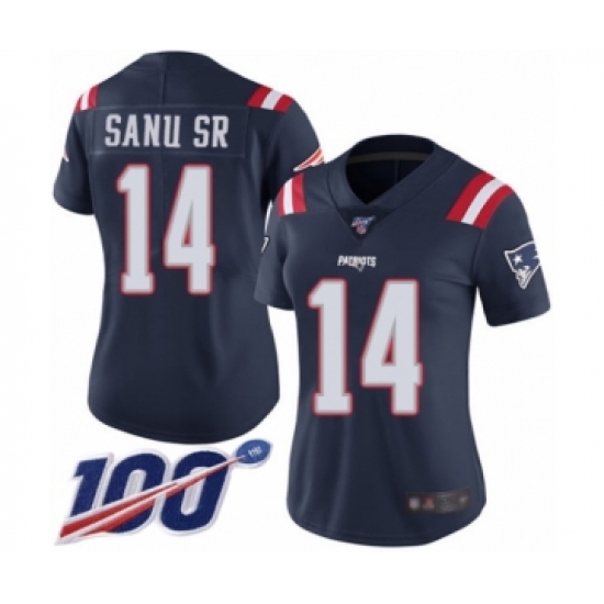 Women's New England Patriots 14 Mohamed Sanu Sr Limited Navy Blue Rush Vapor Untouchable 100th Season Football Jersey