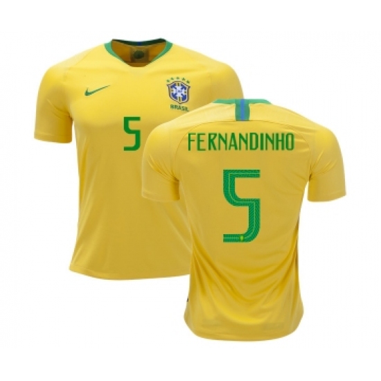 Brazil 5 Fernandinho Home Kid Soccer Country Jersey