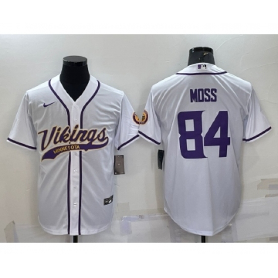 Men's Minnesota Vikings 84 Randy Moss White With Patch Cool Base Stitched Baseball Jersey
