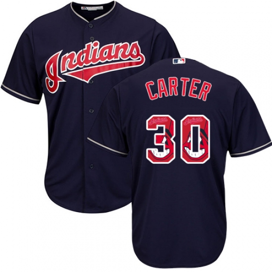 Men's Majestic Cleveland Indians 30 Joe Carter Authentic Navy Blue Team Logo Fashion Cool Base MLB Jersey