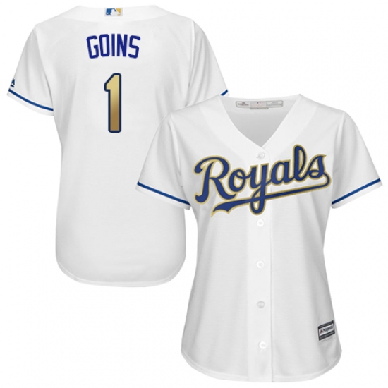 Women's Majestic Kansas City Royals 1 Ryan Goins Replica White Home Cool Base MLB Jersey