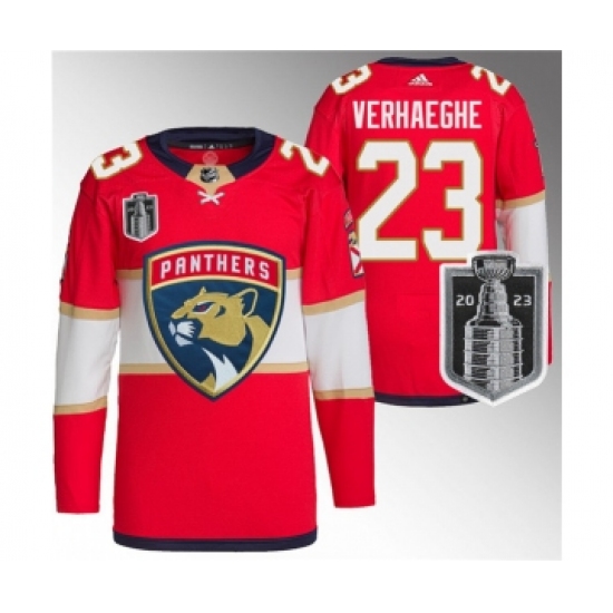 Men's Florida Panthers 23 Carter Verhaeghe Red 2023 Stanley Cup Final Stitched Jersey