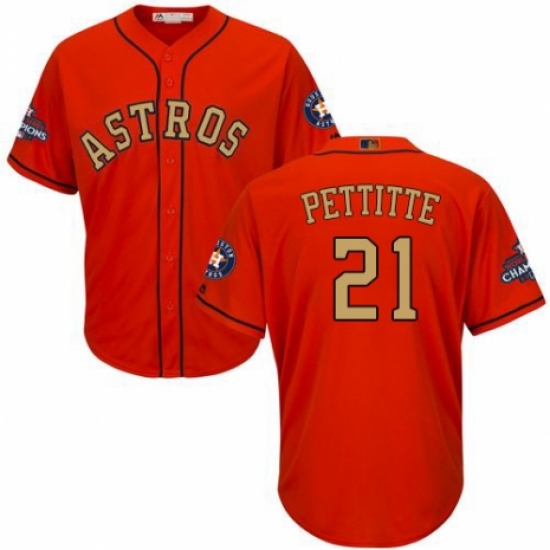 Youth Majestic Houston Astros 21 Andy Pettitte Authentic Orange Alternate 2018 Gold Program Cool Base MLB Jersey