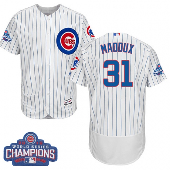 Men's Majestic Chicago Cubs 31 Greg Maddux White 2016 World Series Champions Flexbase Authentic Collection MLB Jersey