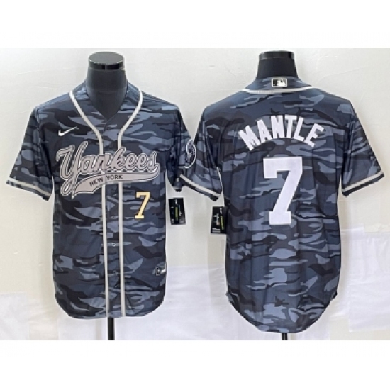 Men's New York Yankees 7 Mickey Mantle Number Grey Camo Cool Base Stitched Baseball Jersey