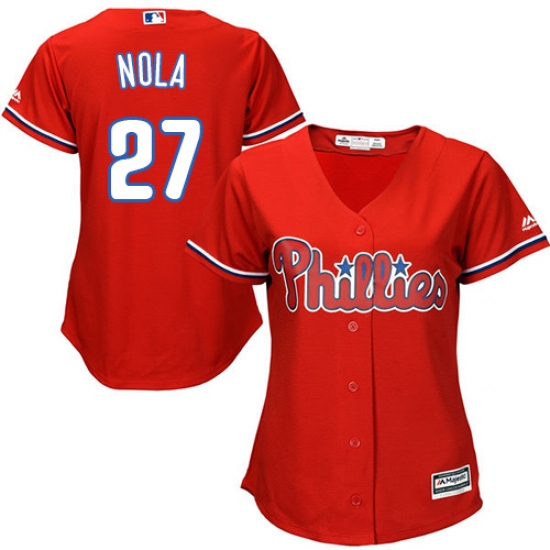 Women's Majestic Philadelphia Phillies 27 Aaron Nola Authentic Red Alternate Cool Base MLB Jersey