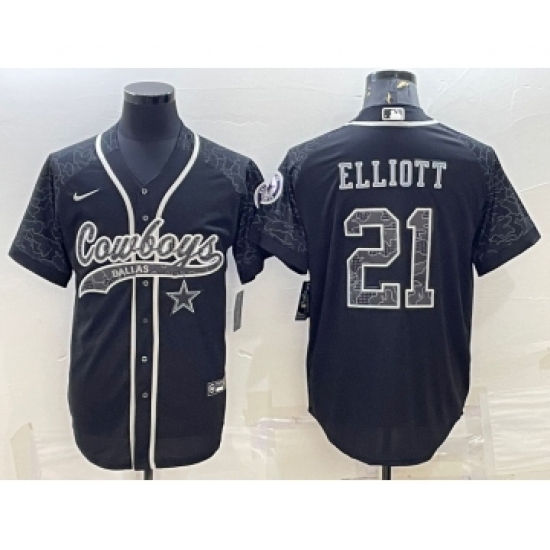 Men's Dallas Cowboys 21 Ezekiel Elliott Black Reflective With Patch Cool Base Stitched Baseball Jersey