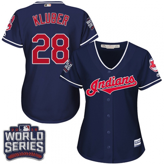 Women's Majestic Cleveland Indians 28 Corey Kluber Authentic Navy Blue Alternate 1 2016 World Series Bound Cool Base MLB Jersey