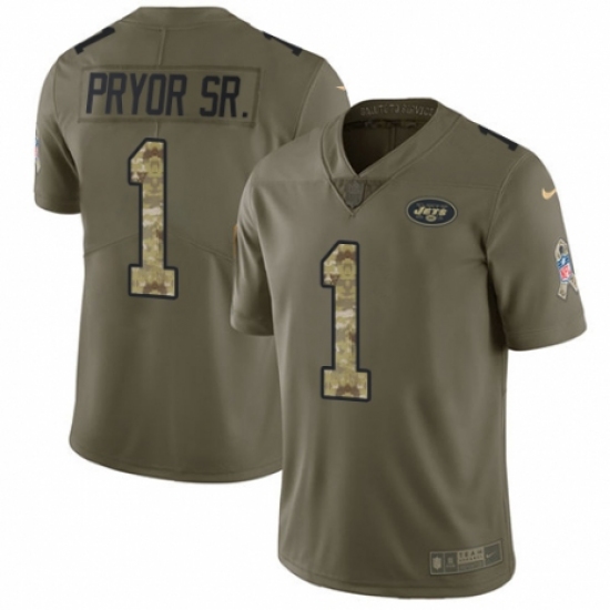 Youth Nike New York Jets 1 Terrelle Pryor Sr. Limited Olive/Camo 2017 Salute to Service NFL Jersey