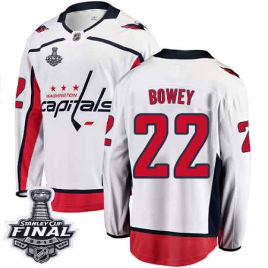 Youth Washington Capitals 22 Madison Bowey Fanatics Branded White Away Breakaway 2018 Stanley Cup Final NHL Jersey