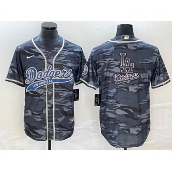 Men's Los Angeles Dodgers Gray Camo Team Big Logo Cool Base Stitched Baseball Jersey 1