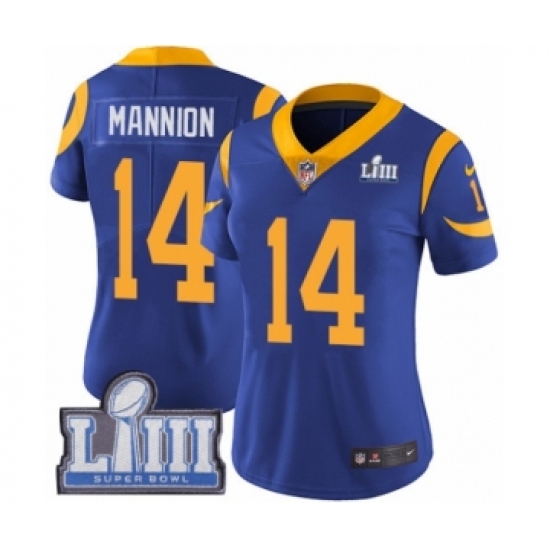 Women's Nike Los Angeles Rams 14 Sean Mannion Royal Blue Alternate Vapor Untouchable Limited Player Super Bowl LIII Bound NFL Jersey