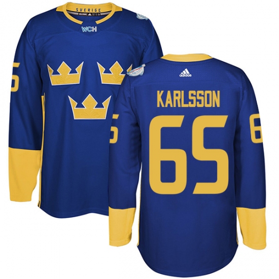 Men's Adidas Team Sweden 65 Erik Karlsson Premier Royal Blue Away 2016 World Cup of Hockey Jersey