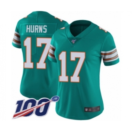 Women's Miami Dolphins 17 Allen Hurns Aqua Green Alternate Vapor Untouchable Limited Player 100th Season Football Jersey